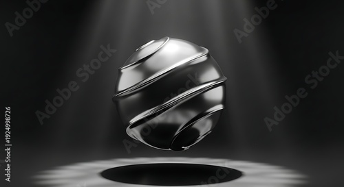 Glossy black metallic sphere with spiral ridges under a bright spotlight.