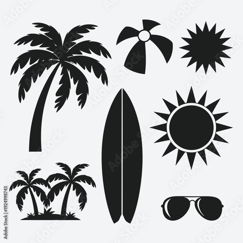 Iconic black and white beach and summer activity symbols collection isolated on white background, Vector, illustration