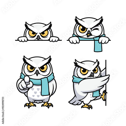 Cartoon owl character set with different expressions wearing scarf