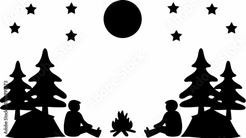 Campers sitting by campfire under starry night sky with trees silhouette