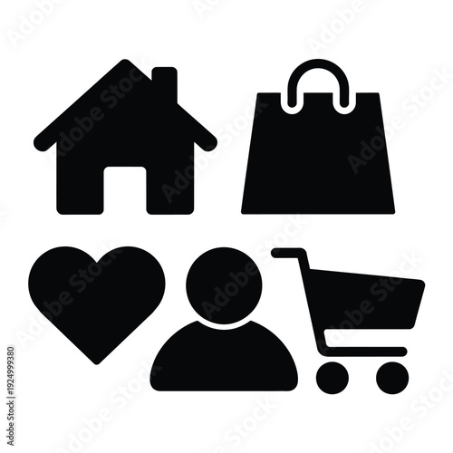 Four icons representing home, shopping, love, and grocery shopping activities isolated on white background, Vector, illustration