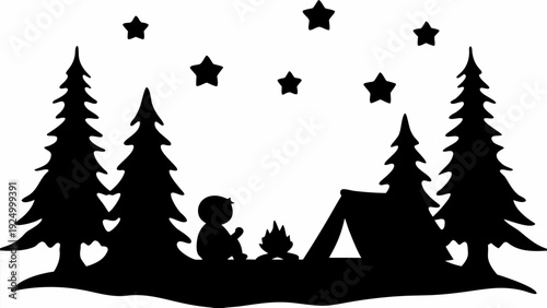 Silhouette of campers sitting by campfire under starry night sky in forest