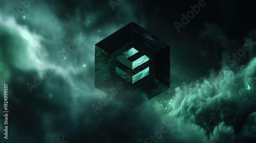 Abstract Glowing Cube in Ethereal Green Nebula – Cosmic Digital Art