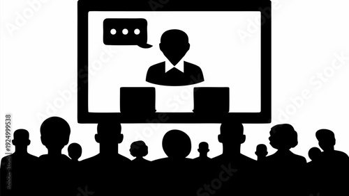 Silhouette of people watching presentation on large screen with speaker and chat bubble