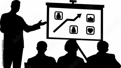 Silhouette of business entrepreneur presenting startup strategy to team with graph on screen