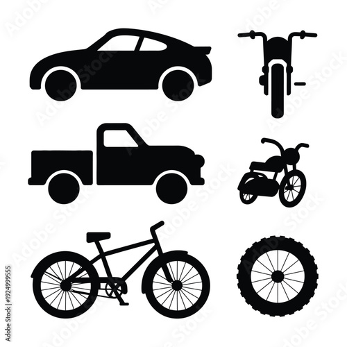 Collection of various black-and-white outline transportation vehicles and parts isolated on white background, Vector, illustration