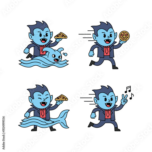 Cartoon blue monster enjoying pizza in various fun actions with copy space