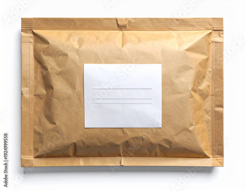 Kraft paper mailer with a shipping label mock up isolated on white background