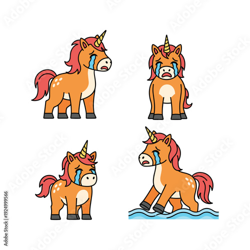 Crying cartoon unicorn in different poses on white background with copy space