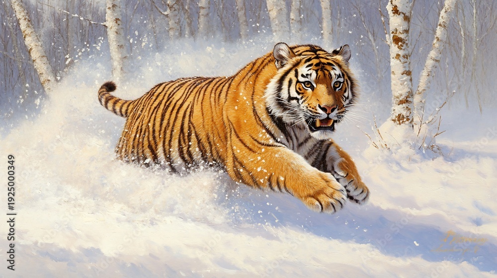 Obraz premium Siberian tiger sprinting snowy birch forest winter wildlife