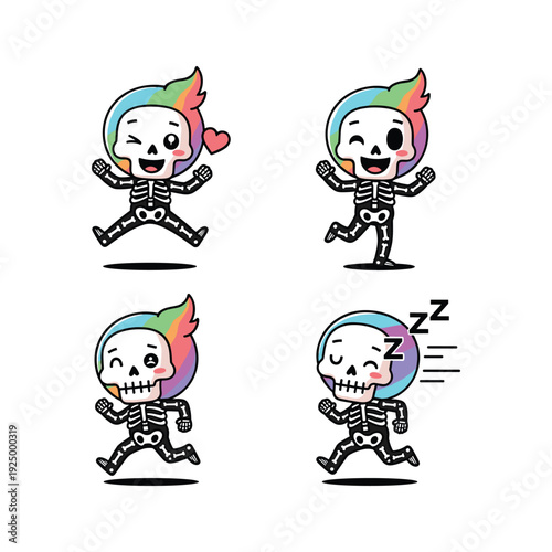 Colorful skeleton character expressing different emotions and actions in a playful cartoon style