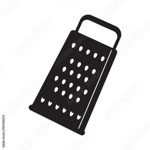 A black grater with a handle on top for kitchen use to shred vegetables and cheese