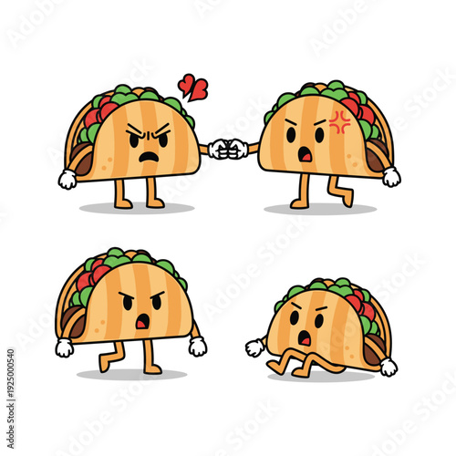 Angry cartoon tacos fighting with boxing gloves on white background