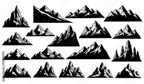 Rocky mountain silhouette collection vector alpine landscape peak icon set
