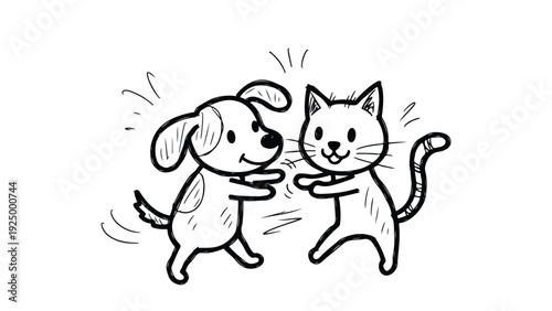 A cartoon drawing of a dog and cat fighting with motion lines around them on a white background
