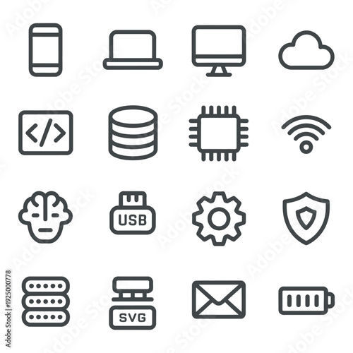 Digital Technology and Software Coding Icon Set - IT Infrastructure