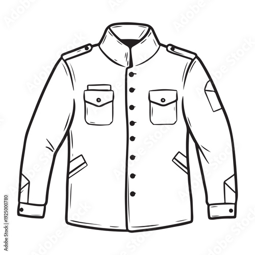 A detailed illustration of a longsleeved militarystyle jacket with buttoned pockets and epaulets on the shoulders and cuffs