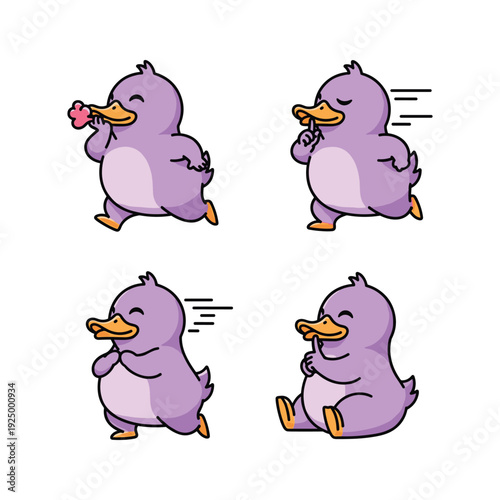 Purple cartoon penguin dancing with joy and happiness in various poses