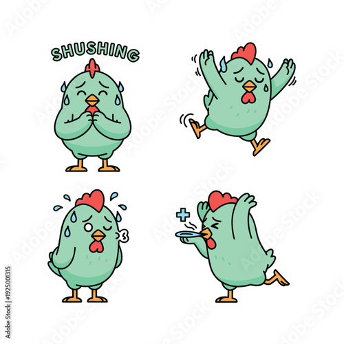 Cartoon chicken expressing various emotions and reactions in a funny and cute style