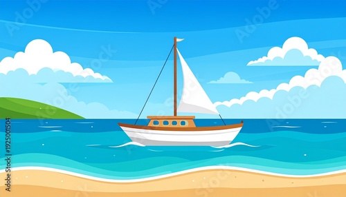 Sailboat Sailing on the Ocean Near a Sandy Beach Under a Blue Sky with Clouds.