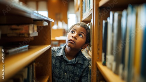 Young African American Boy Looking Up Intently Searching for a Book in a Library Surrounded by Bookshelves