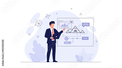 Businessman presenting AI data analytics and strategy on digital board