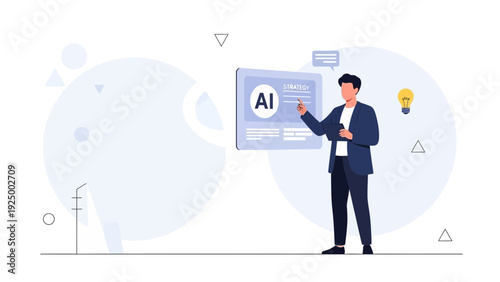 Businessman presenting AI strategy on digital screen with lightbulb idea