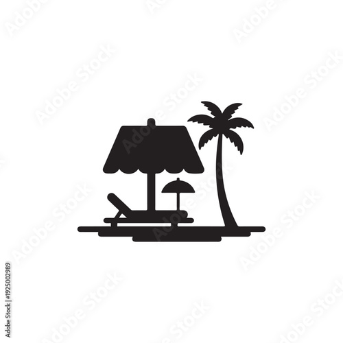 Beach scene with palm tree and sunshade  tropical vacation spot with chaise lounge and umbrella