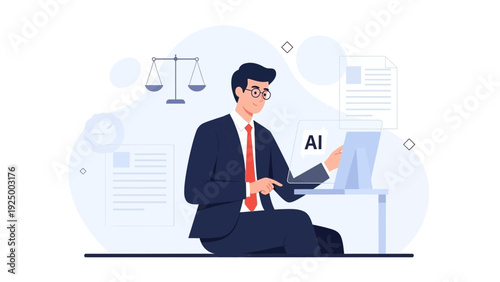 Lawyer using AI technology for legal research and case analysis on laptop