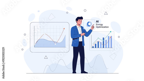Man analyzing data charts, AI energy optimization concept illustration