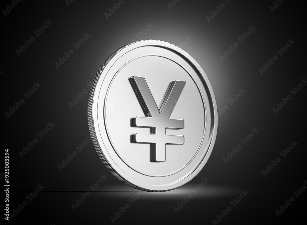 Obraz premium Silver Shiny Rounded Japanese Yen Coin On Shiny Silver Glow Background 3d Illustration