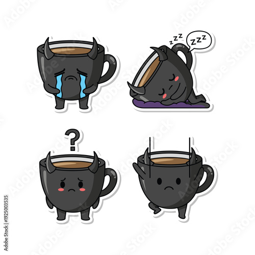 Cartoon coffee cups with different emotions and expressions on a white background