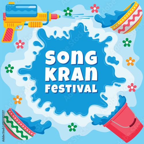 Colorful songkran festival illustration featuring water guns buckets and flowers against a blue water splash background