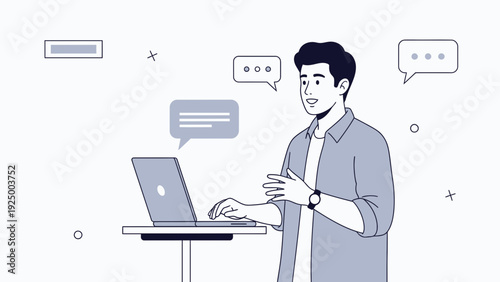 Man Communicating Online with Laptop and Speech Bubbles - Business Communication Concept
