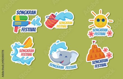 Colorful songkran festival stickers icons depicting water guns elephants sun and traditional thai elements