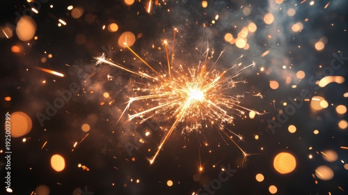 Sparkler emitting bright sparks against dark background creating bokeh effect