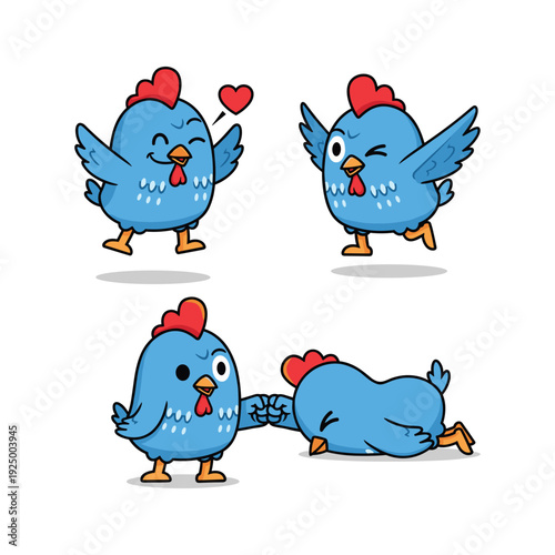 Cartoon blue chickens showing love and affection in various poses with copy space