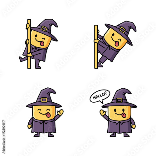 Cartoon witch character set in various poses and expressions on white background