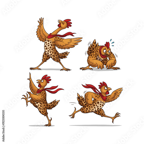 Cartoon chickens dancing and having fun with dynamic poses and red scarves