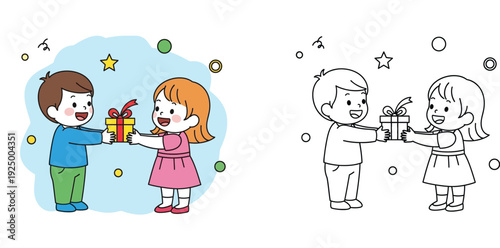 Cartoon boy giving gift to girl coloring page. Cute vector illustration of children sharing present. Colored and black and white outline version for educational activity or drawing book.