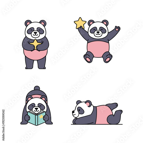Cute cartoon pandas in various poses with stars and book on white background