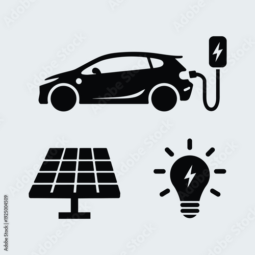 Sustainable energy sources powering an electric vehicle isolated on white background, Vector, illustration