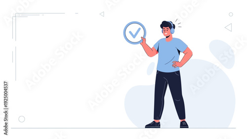 Man with headphones holding a checkmark sign, concept of approval and success