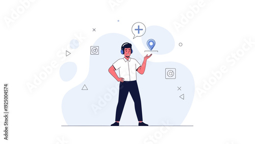 Man with headphones offers location and support, representing customer service and guidance