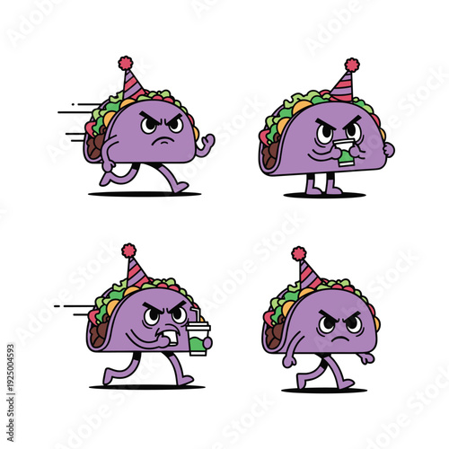 Angry cartoon taco character in party hat walking and holding coffee