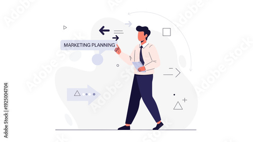 Man with Marketing Planning sign, business strategy and workflow
