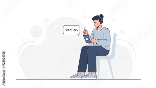 Man with tablet and headphones, giving feedback