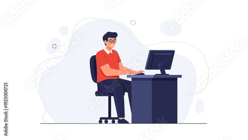Man working on computer at desk, modern flat illustration style