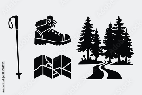 Adventure hiking gear and scenic forest trail illustration isolated on white background, Vector, illustration