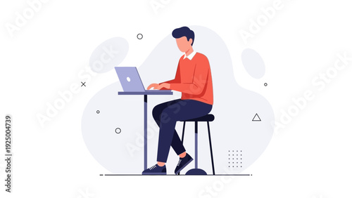 Man working on laptop at a modern table, remote work, digital nomad lifestyle